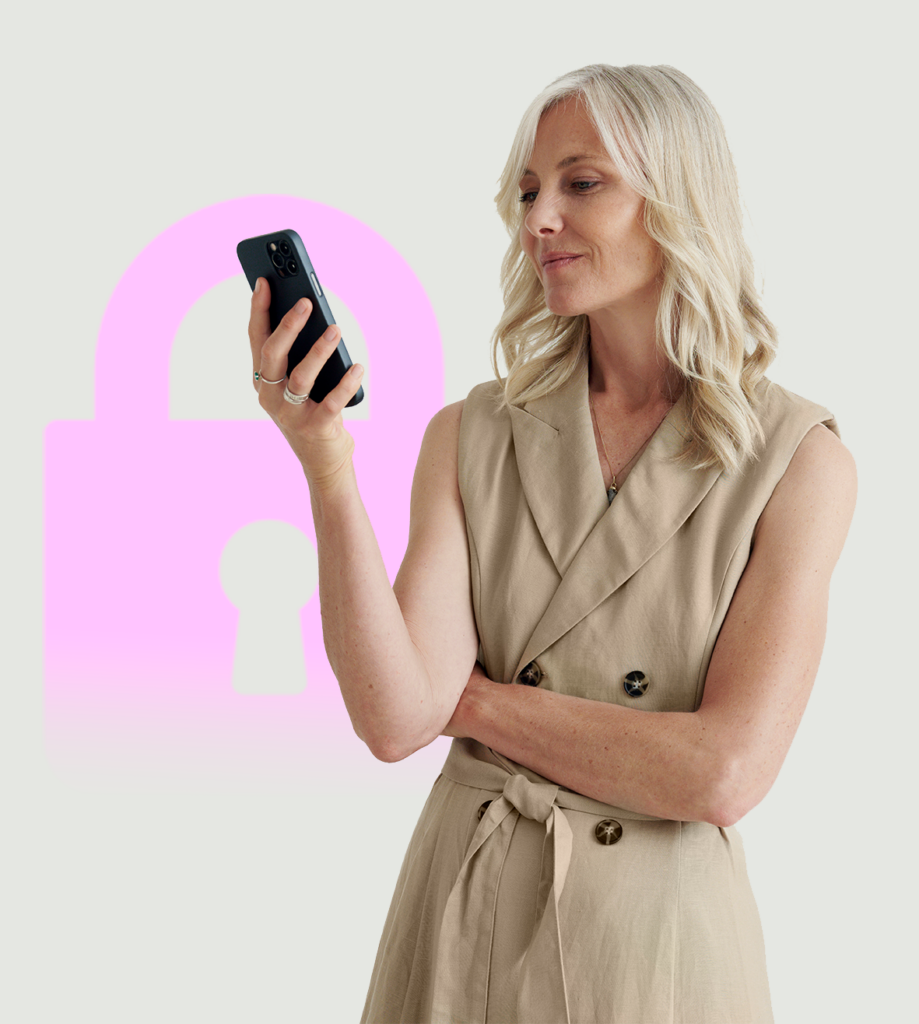Woman using a smartphone next to a large padlock icon symbolizing fraud protection.