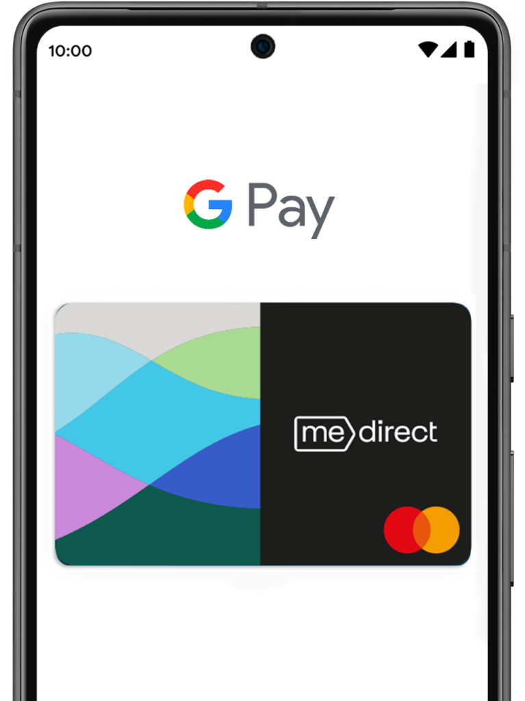 Photo d'illustration d'un téléphone avec la carte de débit MeDirect liée à Google Pay.
