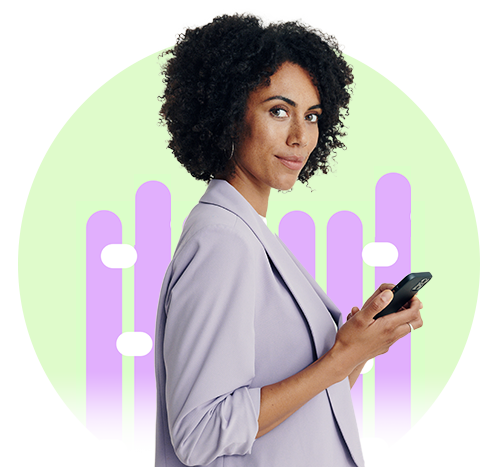 Jeune femme avec un téléphone et une illustration de graph en arrière plan