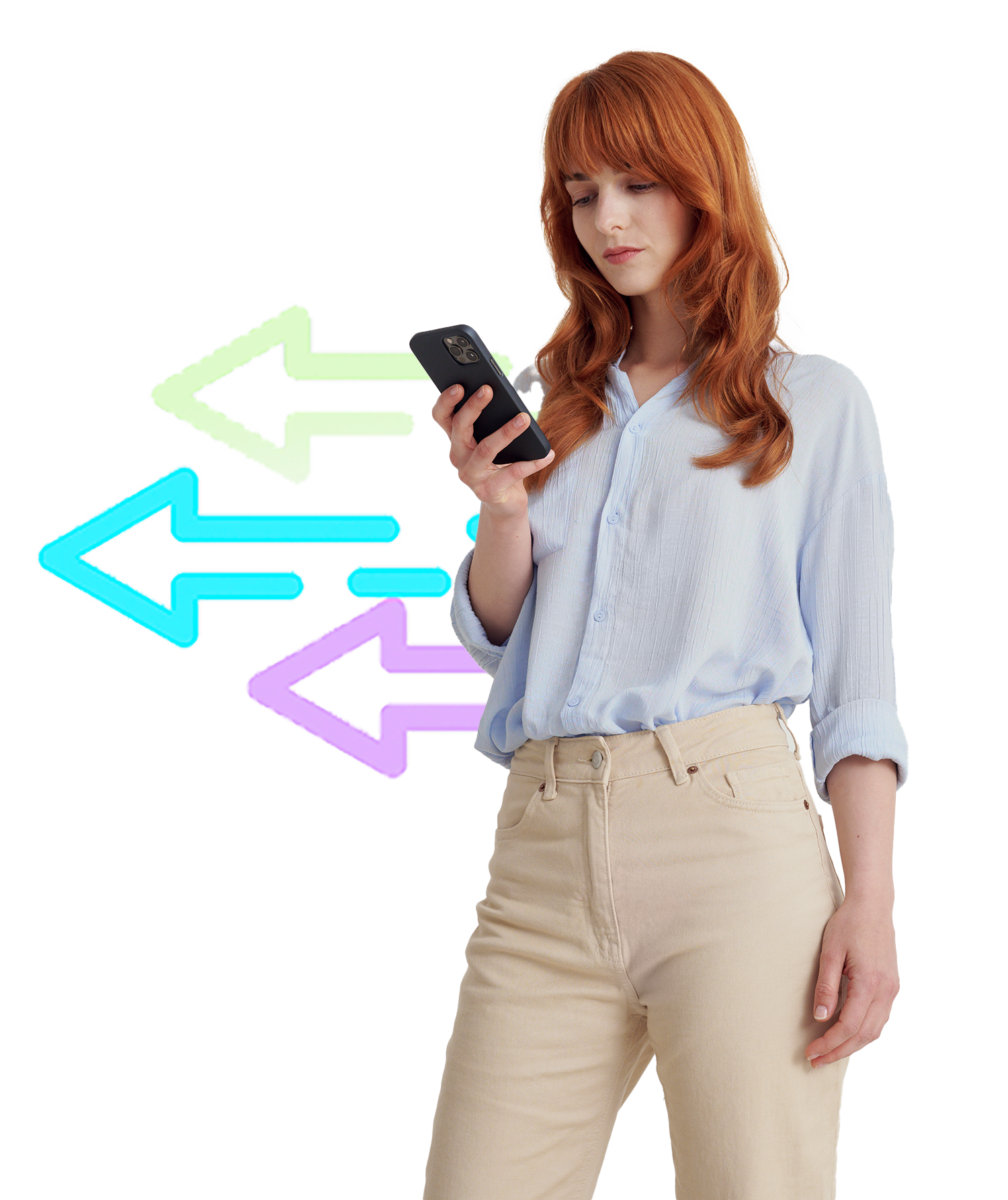 Young woman with a mobile phone and arrows in the background