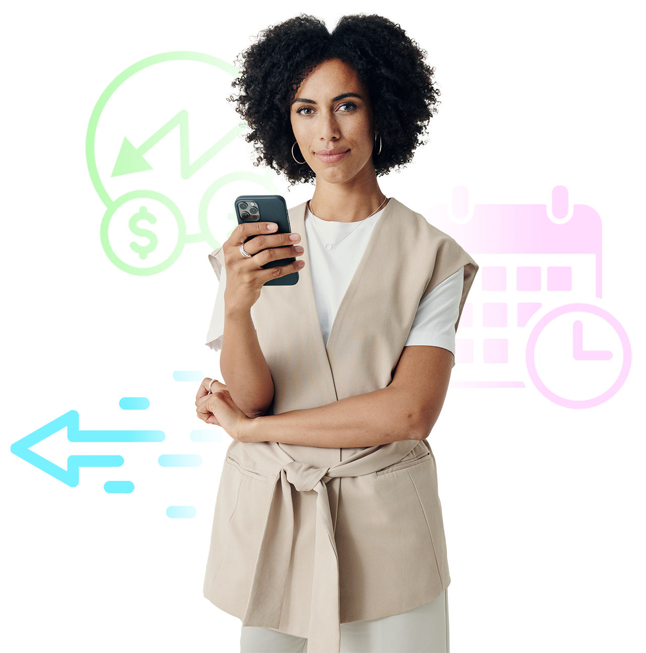 Vrouw met een mobiele telefoon met grafische elementen op de achtergrond